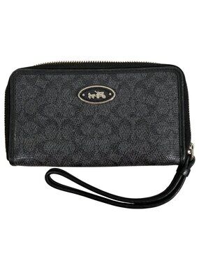 Coach Black Signature Coated Canvas Zip-Around Wristlet Wallet Card Slots
